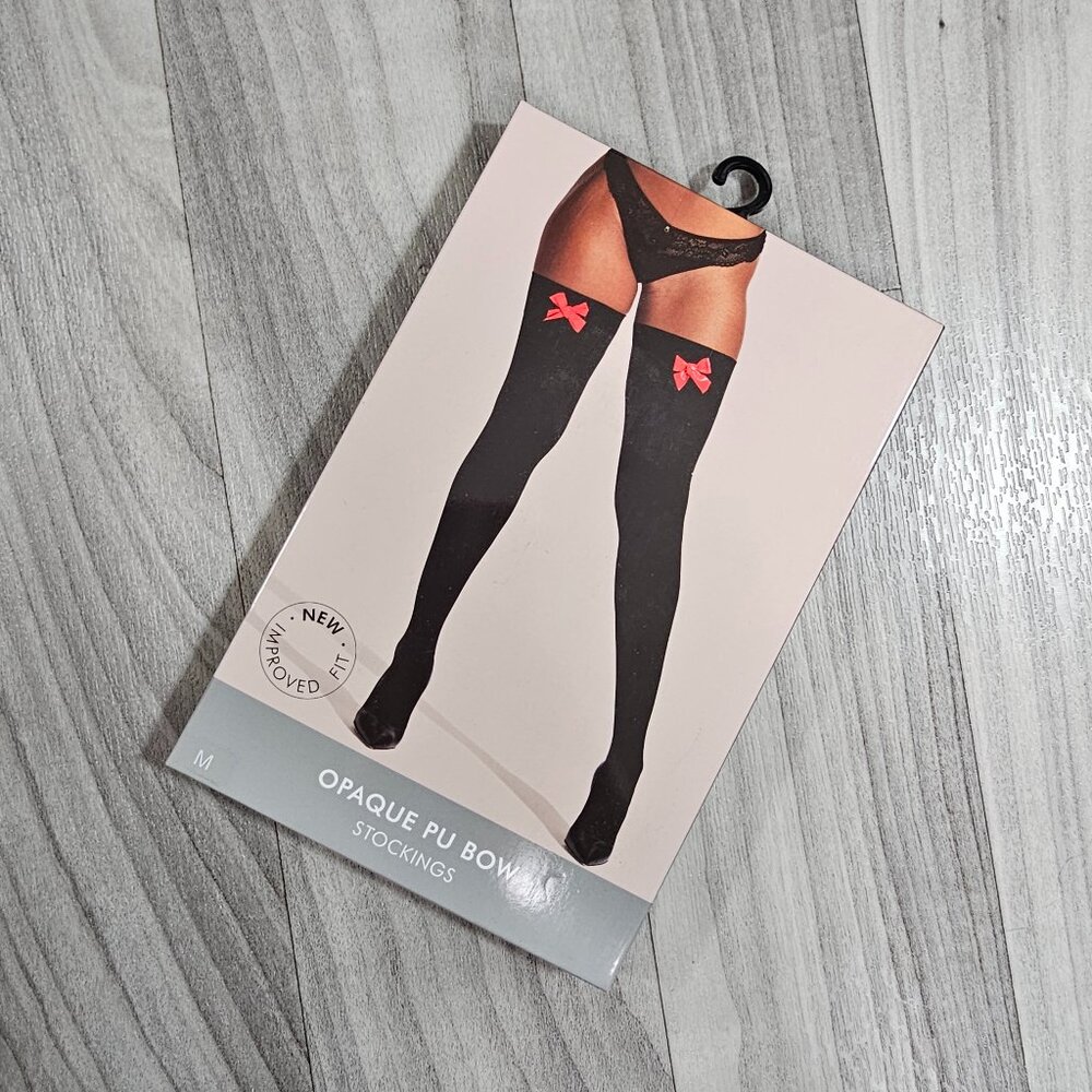 Ann Summers Black Opaque Thigh High Stockings with Red PU Bow, Size M